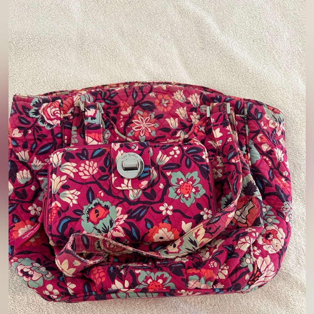 Vera Bradley Pink Floral Quilted Tote 15x10 & Matching Zip Wallet